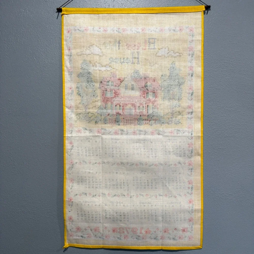 Vintage 1978 Bless This House Linen Calendar Tea Towel Wall Hanging Yellow 16x28